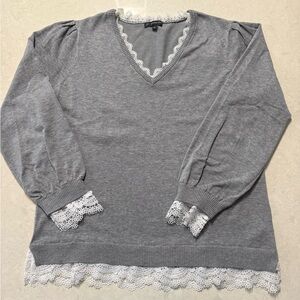 Adrianna Papell Gray Sweater with Lace Detail-L